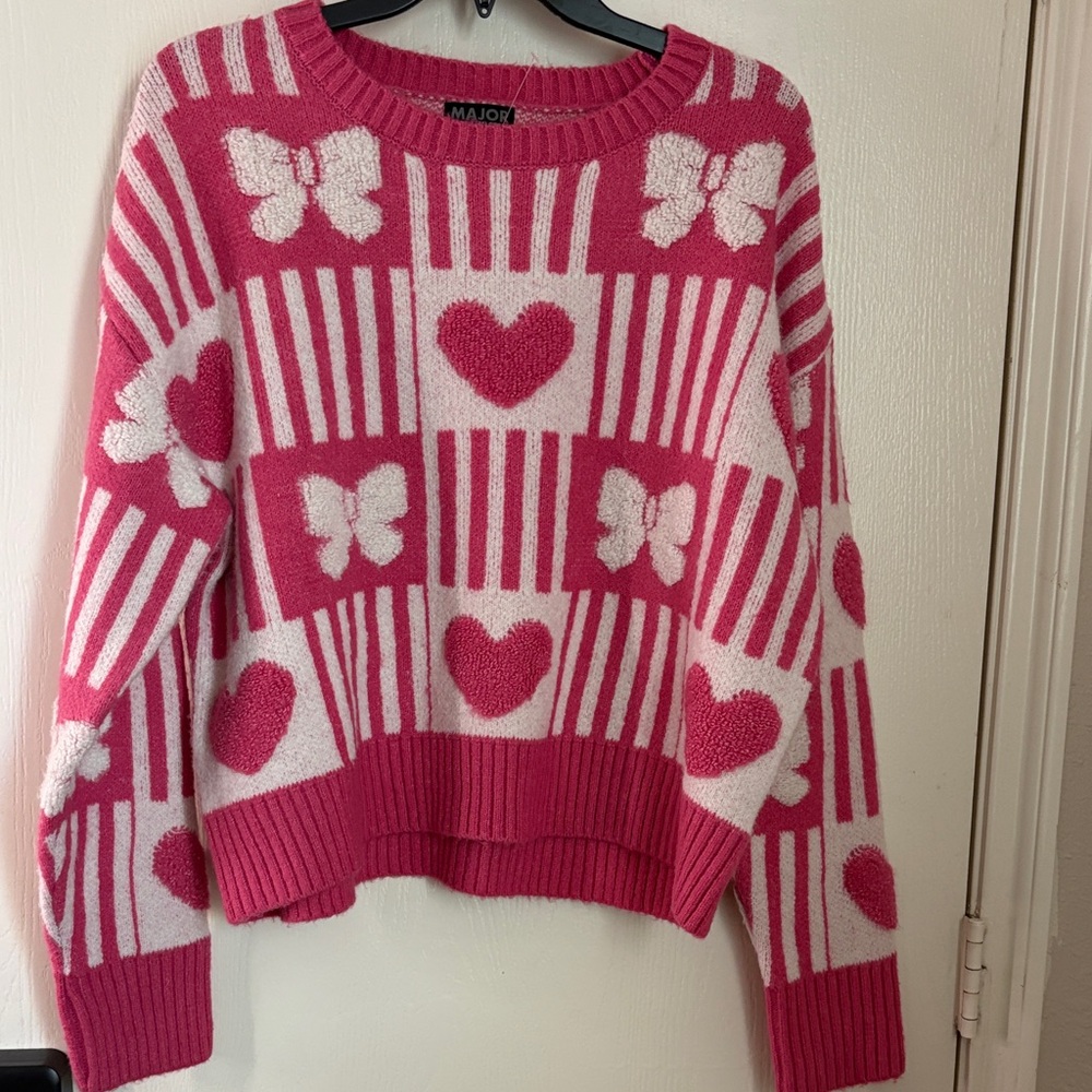 Pink and White Heart Pattern Sweater